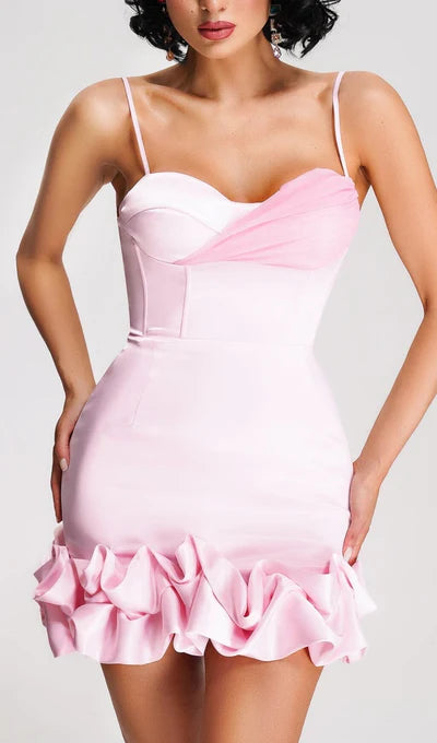 Vestido de fiesta con corsé y volantes con tirantes finos